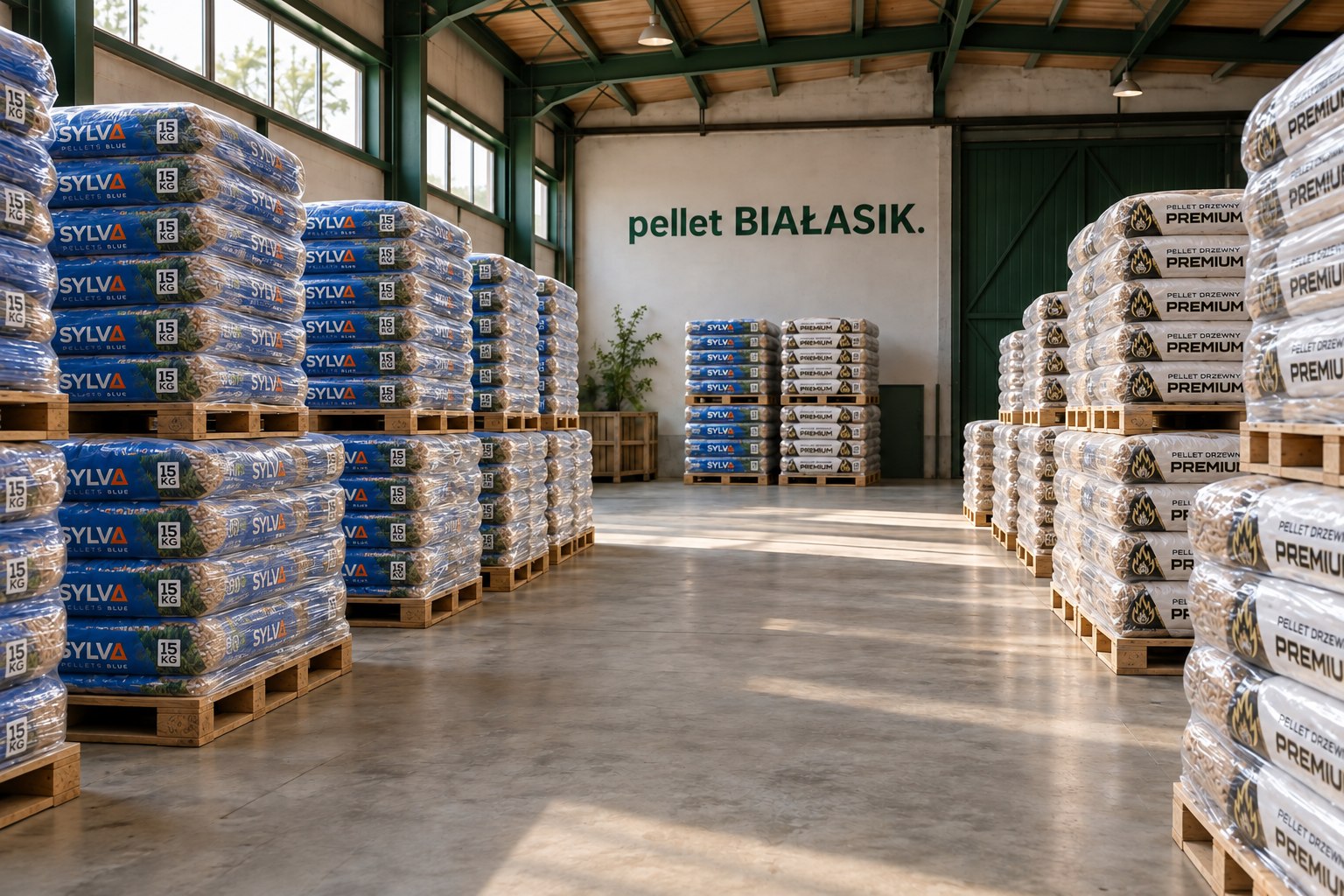palety pelletu w magazynie z napisem Pellet Białasik
